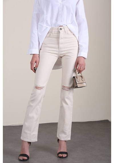 Mad Girls Bej Yırtık Detaylı Dar Kalıp Jean Mg1305