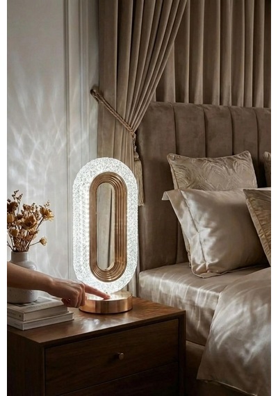 Plentiful Plentiful Oval Şeklinde Kristal Led Masa Lambası Dokunmatik, 3 Renk Işık Modlu, Şarjlı Dekoratif Gec