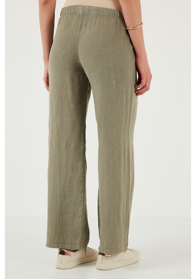 Lela Relaxed Fit Normal Bel Geniş Paça Çift Cepli Keten Bayan Pantolon 668Yp4991 Haki