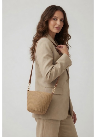 Mollycrush Yazlık Mini Hasır Camel Omuz Çantası Deri Askılı Plaj Ve Günlük Kullanıma Uygun Model Camel2