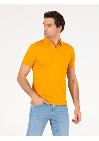 Koyu Sarı Polo Yaka Slim Fit Basic Merserize T-shirt Sari
