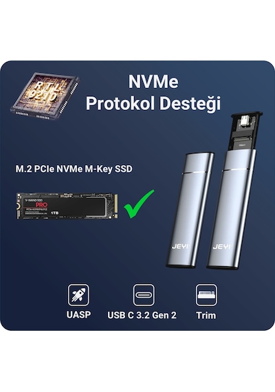 JEYI PureLine M.2 NVMe Harici SSD Kutusu - USB 3.2 Gen 2 10GBPS - 2280/2260/2242/2230 Destekli