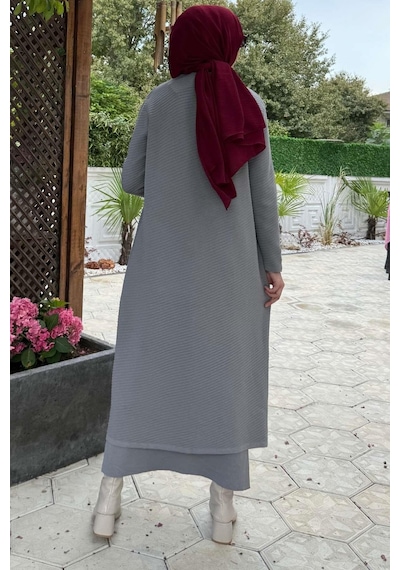 Rabia Şamlı Sinem Çelik Örme Triko Hırka Gri Çok Renkli