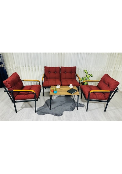 Madame Home Kaktüs Balkon, Bahçe,teras,cafe - Salon - Metal Kanepe Koltuk Takımı - 2 1 1 Sehpa Bordo