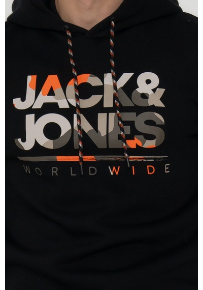 Jack & Jones Erkek Logo Baskılı Kapüşonlu Sweatshirt - Luke Black Siyah