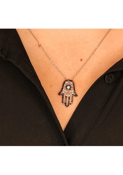 Oriental Kuyumculuk Jewellery Firuze Taşlı Fatma'nın Eli Gümüş Kolye Gümüş
