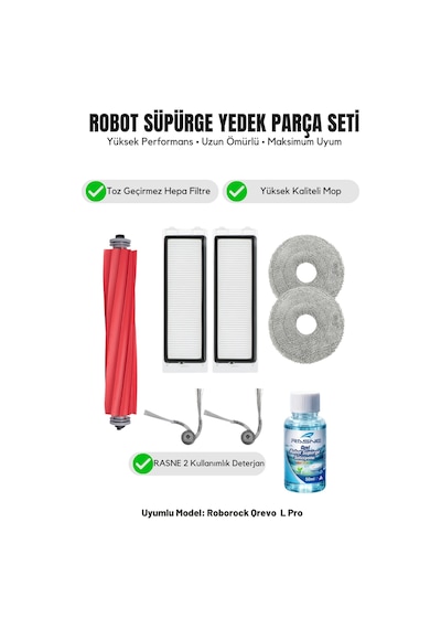Roborock Qrevo L Pro İle Uyumlu 1 Ana Fırça 2 Yan Fırça 2 Filtre 2 Mop 1 Deterjan 3.0