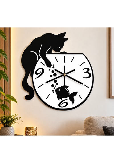 Kedi Ve Balık Figürlü Dekoratif Mdf Duvar Saati 40x40 Cm Siyah Beyaz Tasarım