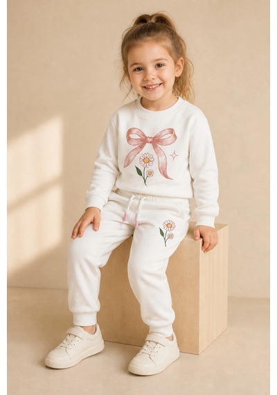 Rony Pony Kids Kız Çocuk Ekru Fiyonk Ve Papatya Baskılı 2 İplik Sweatshirt Eşofman Takımı Beyaz