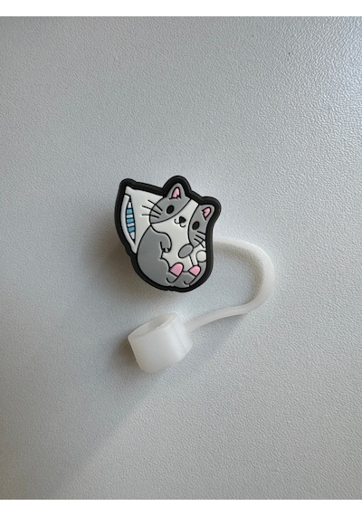 Sevimli Kedi Model Silikon Toz Geçirmez Sızdırmaz Pipet Kapağı 1 Adet Stanley Termos Ile Uyumlu Beyaz