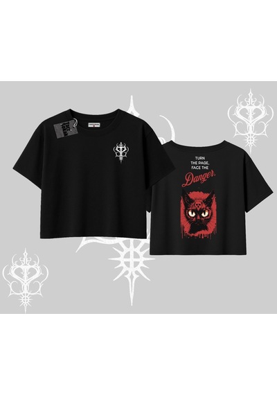 Startmore Startmore Gotik Kedi Arka Baskılı Oversize Crop Tshirt Siyah