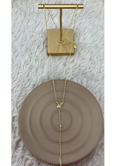 Premium Parlak Ve Şık Gold Renk Kelebek Detaylı Sallantılı Çelik Y Kolye 45 Cm Altın