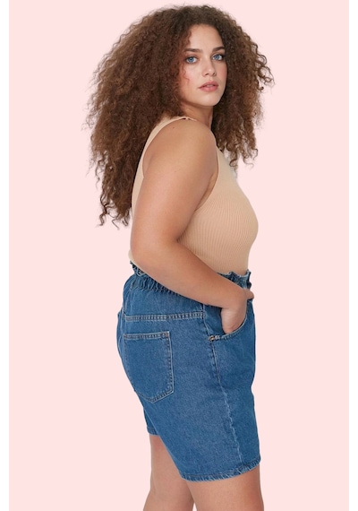 Ersefa Kadın Pamuklu Denim Şort Beli Lastikli Geniş Paça Yazlık Günlük K mavi