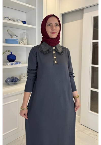 Rabia Şamlı Derya Dantelli Triko Elbise Antrasit Normal