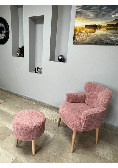 Azra Mobilya Berjer Puf Set-ikili Balkon Seti- Tekli Koltuk Puflu -berjer-koltuk - Puffy Kumaş - Doğal Ahşap Pembe