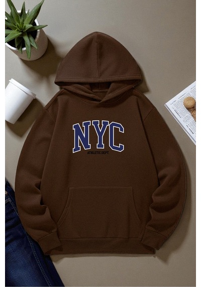 Uyguntarz Unisex Nyc Tasarım Baskılı Kapüşonlu Sweatshirt Kahverengi