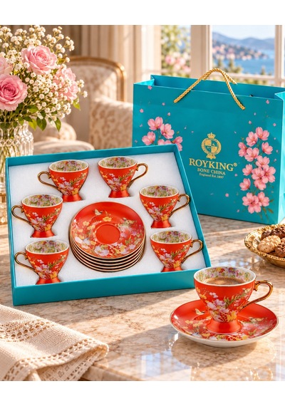 Çiçek Desenli 6'lı Turuncu Porselen Kahve Fincanı Takımı 90 Ml. Çok  Renkli