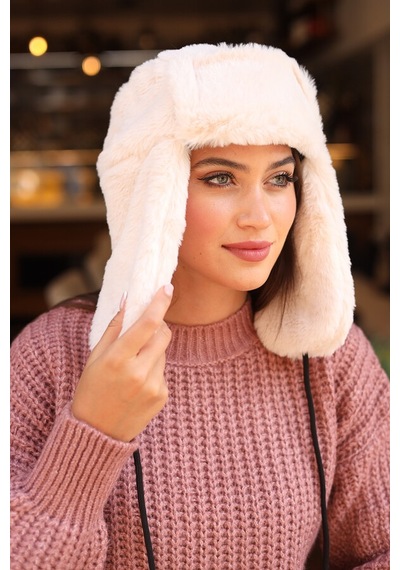 Kadın Kürklü Kulaklıklı Peluş Şapka Rkş-04 Bej Bej