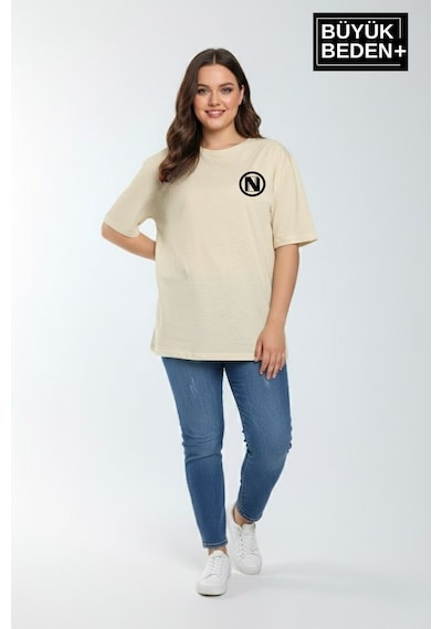 Superlife Kadın Büyük Beden N Baskılı 3xl-6xl Bisiklet Yaka Tshırt Spr26btsk510-19 Bej