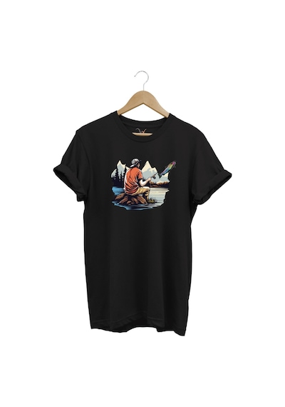 Fishing Balıkçılık Baskılı Olta Ile Alabalık Avı %100 Pamuk Regular Fit Siyah T-shirt Siyah