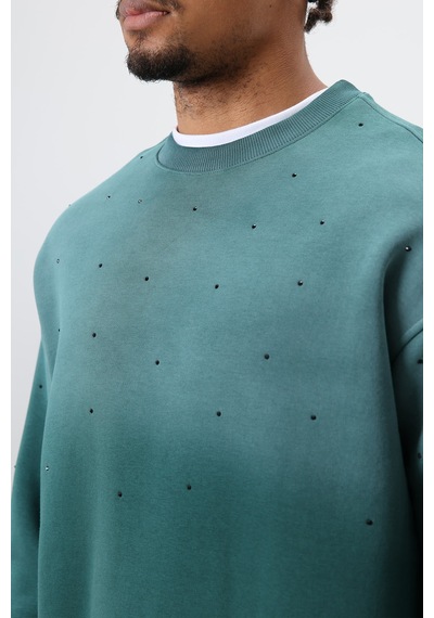 Vamos Yıkamalı Taş Detaylı Oversize Sweatshirt Nefti