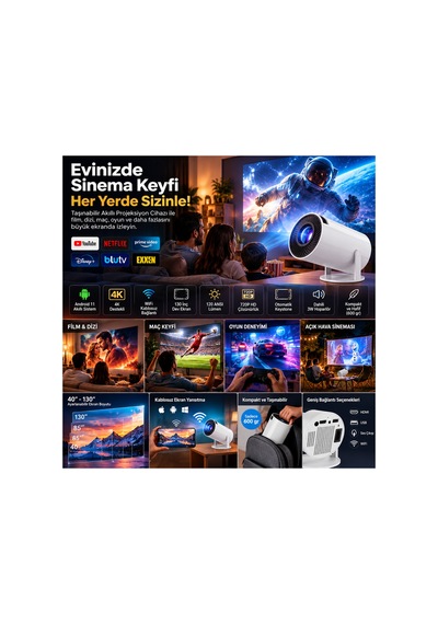 Akıllı Projeksiyon Cihazı 4k Destekli Android 11 Wifi Kablosuz Taşınabilir Mini Projektör 130 İnç 720p Hd Ev Sinema Sistemi Beyaz - 937438755 Beyaz - 937438755