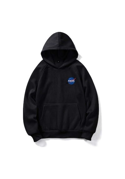 Nasa Logo Sweatshirt - Siyah Baskılı Oversize Kışlık Kalın Kapüşonlu Siyah