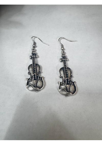 Aria String Keman Figürlü Gümüş Renk Sallantılı Küpe Çok Renkli