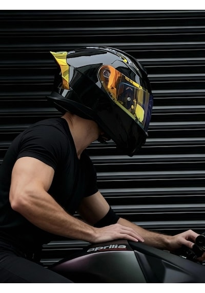 R1 Parlak Siyah Revo Gold Vizörlü Kapalı Kask Güneş Vizörlü