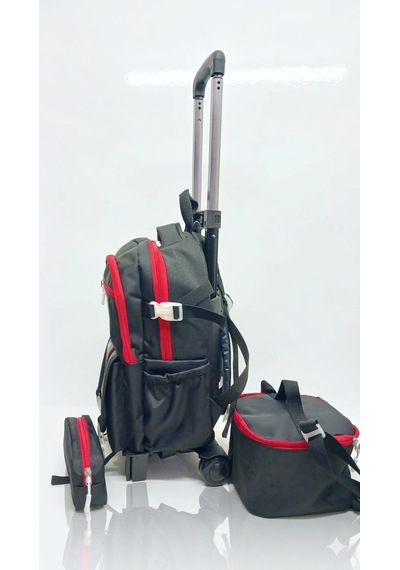 2 Kademeli Çekçekli Tekerlekli Karekter Desenli Erkek 3 Lü Set Takım İlkokul Sırt Çantası 40 27 17cm Siyah/kırmızı