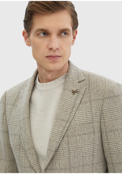 Ramsey Bej Desenli Regular Fit Yün Karışımlı Ceket