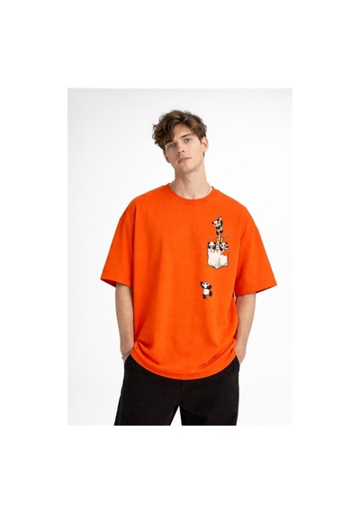 Alemdarshop Panda - Baskılı Oversize Tişört Turuncu