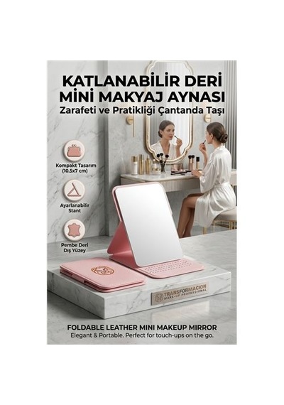 Zenvac Katlanabilir Stantlı Makyaj Aynası Pembe Deri Çanta Boyu Mini Ayna 723190 Zenvac29