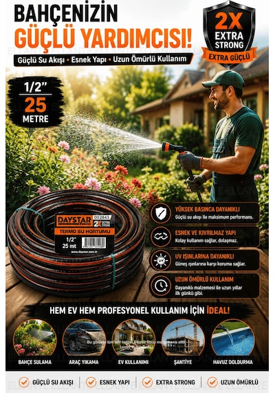 Patlamaz 1/2 İnç 25 Metre Termoplastik Su Hortumu 2x Extra Strong Yüksek Basınca Dayanıklı Esnek Bah