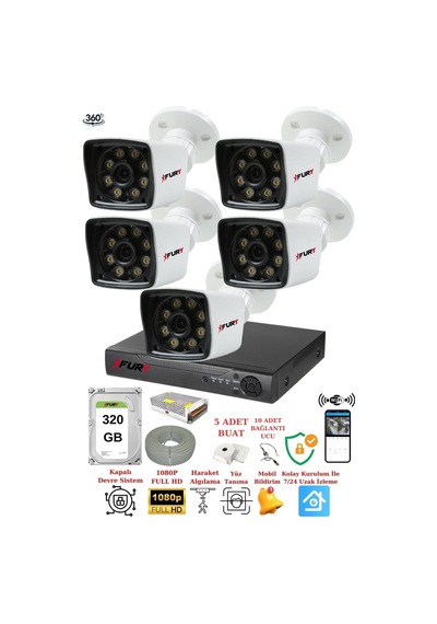 Fury 5 Kameralı 5mp Lens 1080p 2mp Color Görüntü 8 Warm Led Gece Görüş Fullhd Güvenlik Kamera 5525w 320