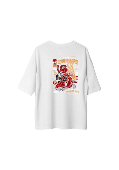 Paybuy Kadın Oversize Grafik Baskılı Tişört Scooter Temalı Retro Slogan Beyaz