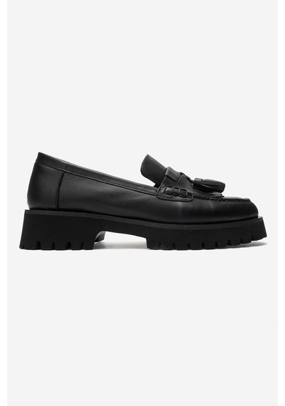Luvi Shoes Poen Siyah Cilt Hakiki Deri Püsküllü Kadın Loafer Ayakkabı