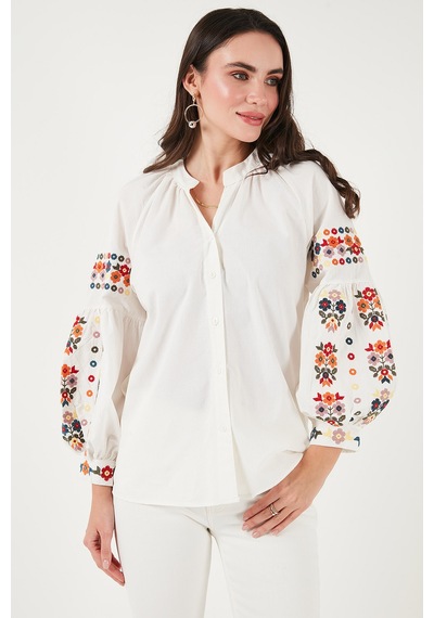 Lela Nakış Işlemeli Pamuklu Oversize Fit V Yaka Bayan Gömlek 676253 Ekru