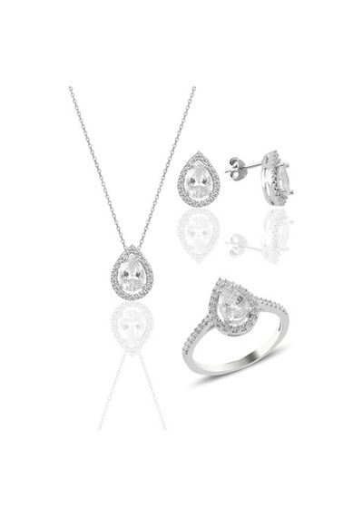 Gümüş Rodyumlu Zirkon Taşlı Damla Modeli Üçlü Set