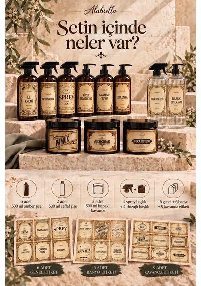 Alubrella 500 Ml 6 Amber Şişe, 2 Şeffaf Sprey Şişe Ve 3 Kapaklı Kavanoz Etiketli Mega Set