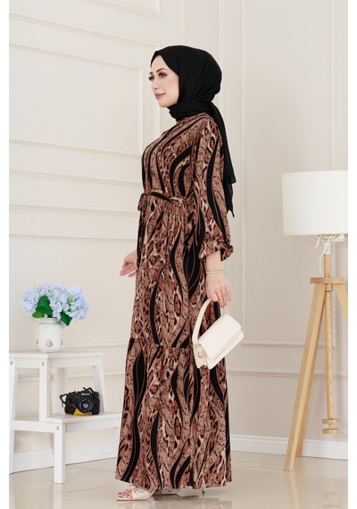 Sevitli Leopar Desenli Beli Tünelli Viscon Elbise-siyah-5086 Siyah