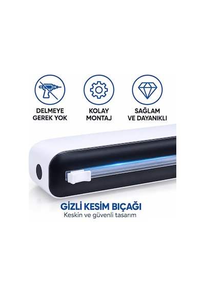 Streç Film Ve Folyo Kesme Aparatı - Duvara Monte Ve Tezgah Üstü Kullanım - Entegre Kesicili Mutfak Dispenseri - Manyetik Sabitleme - 35 X 8 Cm - Siyah Beyaz Ahşap - Siyah