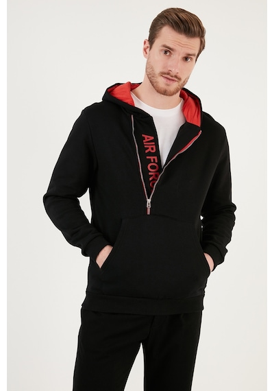 Buratti Kanguru Cepli Fermuarlı Kapüşon Yaka Slim Fit Erkek Sweat 575707 Siyah-Kırmızı