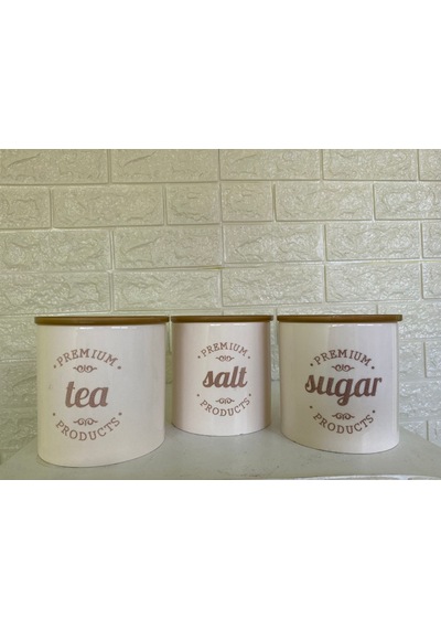 3'lü Vakumlu Kapaklı Porselen 1000 Ml Tea/salt/sugar Çay Tuz Şeker Kavanoz Seti