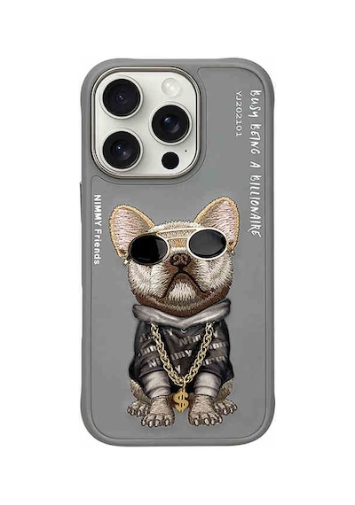 İphone 15 Pro Uyumlu 3d Gerçek Nakışlı Kabartma Köpek Zincir Gözlük Detay Cool Glasses Silikon Kılıf Gri