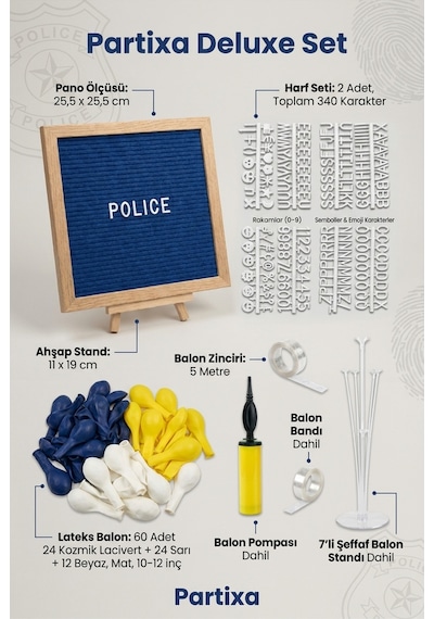 Polis Temalı Doğum Günü Süsleme Deluxe Set Koyu Mavi Keçe Yazı Panosu Standlı Balon Zincirli 7li Şeffaf Balon Standlı Set Çocuk Polis Temalı Doğum Günü Süsleme Deluxe Set Koyu Mavi Keçe Yazı Panosu Standlı Balon Zincirli 7li Şeffaf Balon Standlı Set Çocuk