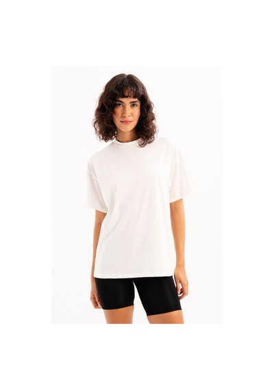 Justever 100% Pamuk Oversize Fit Bisiklet Yaka Ekru Kadın T-shirt - Halo Ekru