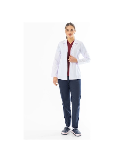Spor Yaka Kulplu Kadın Doktor Önlüğü Alpaka Kumaş Ceket Boy Bko005 Beyaz