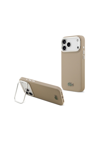 Apple Uyumlu iPhone 17 Pro Max Kılıf Lacoste Lisanslı M-safeli Pu Pike Desenli Standlı Metal Logolu Kapak Bej Bej