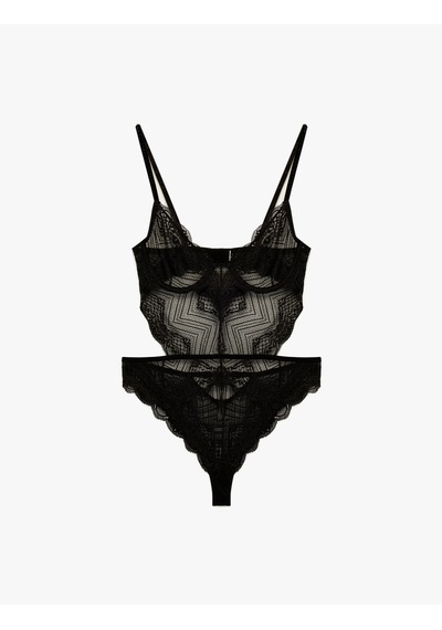 Koton V Yaka Askılı Dantelli Bodysuit Siyah 6wlk00005mk Siyah